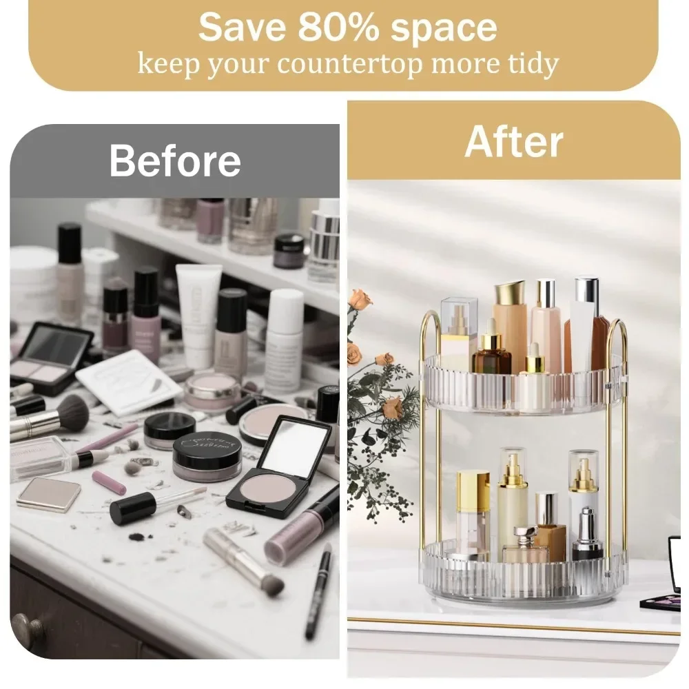 2 Tier 360 Degree Rotating Makeup Organizer Large Capacity Clear Acrylic Perfume Skincare Cosmetics Storage Rack for Vanity Countertop Bathroom Dresser,Spinning Lazy Susan Beauty Organizer Display Stand with Gold Frame,Gift for Women Girls gallery 2