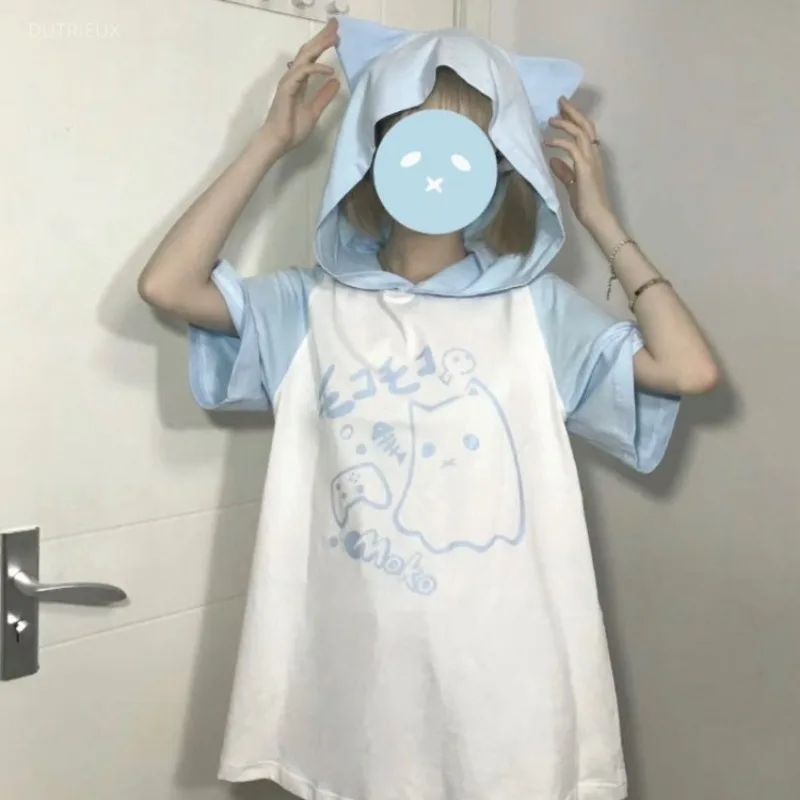 Korean Kawaii Cat Ears Hoodie Tops Women Y2k Short Sleeve Sweatshirts T-shirts 2026 Summer New Mid-length Loose Pullovers