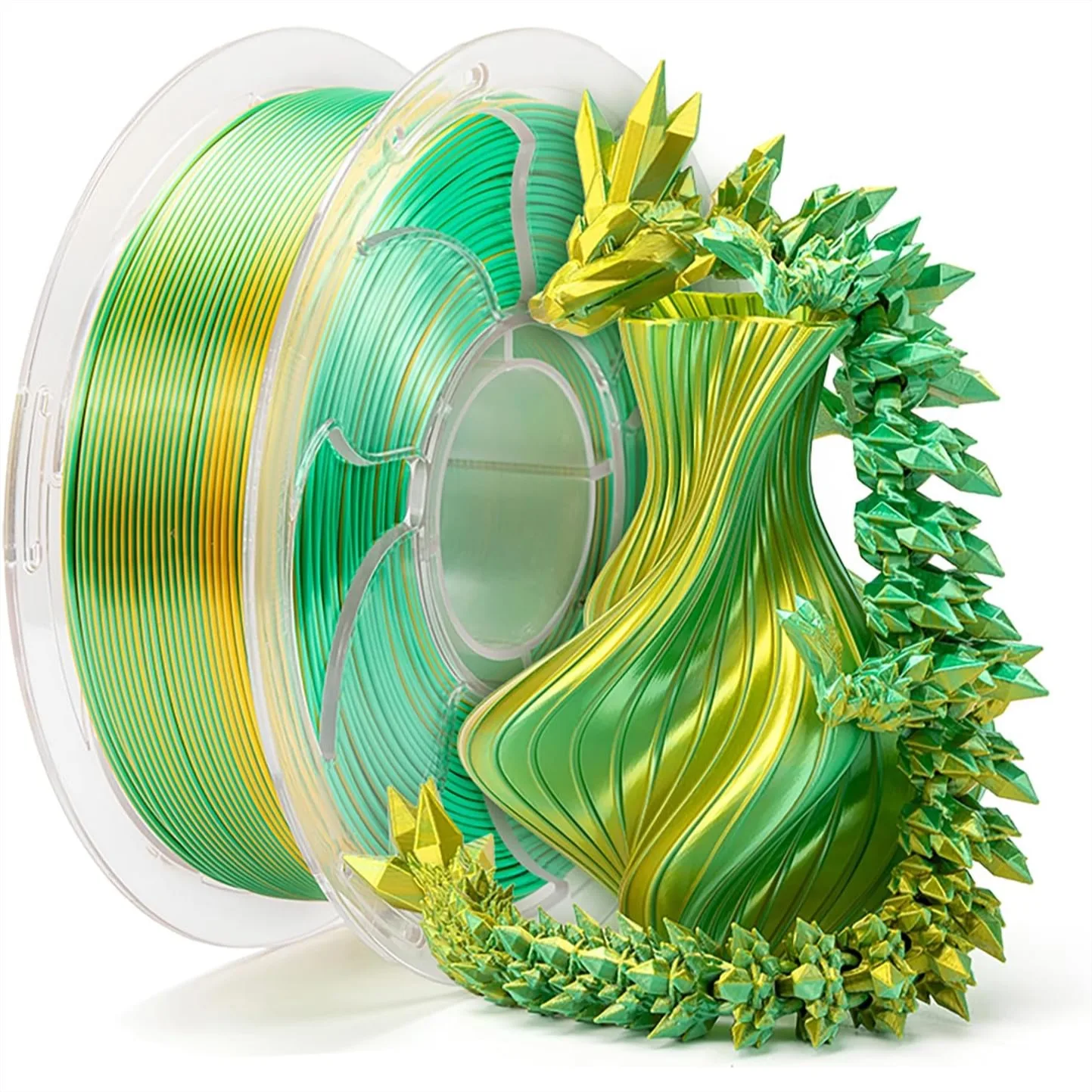 

1.75mm PLA Silk Dual Bi Color Gold Green Coextrusion 3D Printer Filament with Shiny Rainbow Color 1kg Spool Neatly Wound Smooth