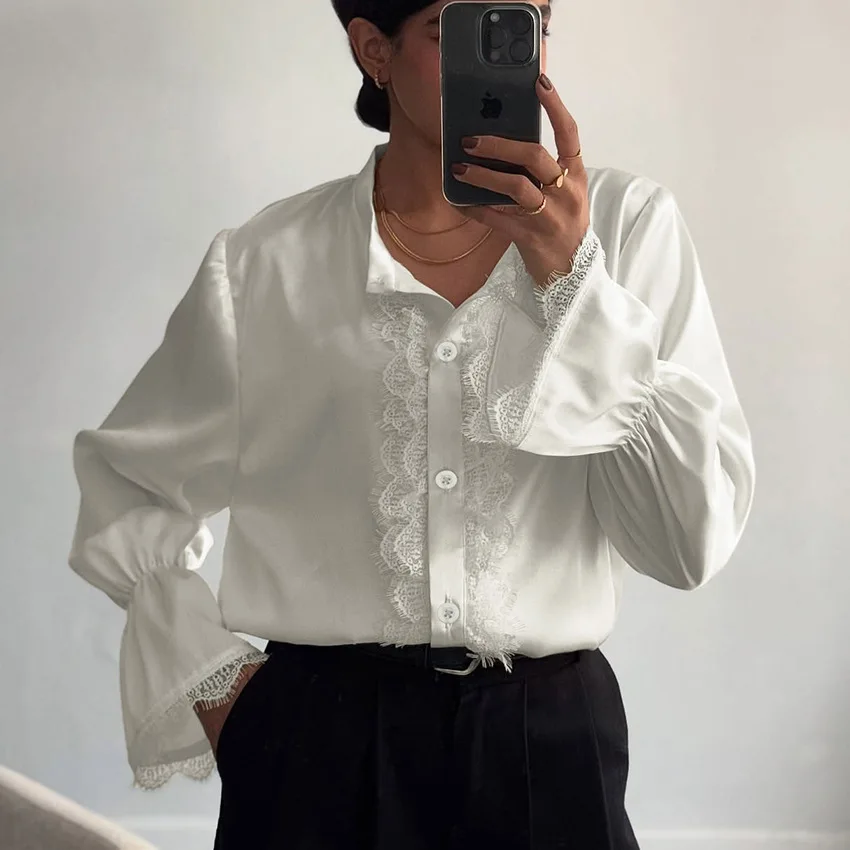 2026 Spring Women's Elegant Luxury White Satin Shirt Lace Detail Stand Collar Bell Sleeve Loose Fit Office Afternoon Tea Top