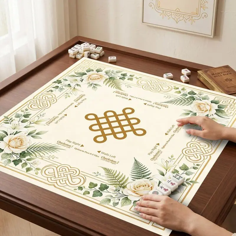 VIKAMA Light Luxury White Rose Chinese Knot Mahjong Mat Non Slip Washable Soft Pad Noise Reduction For Mahjong Home Party