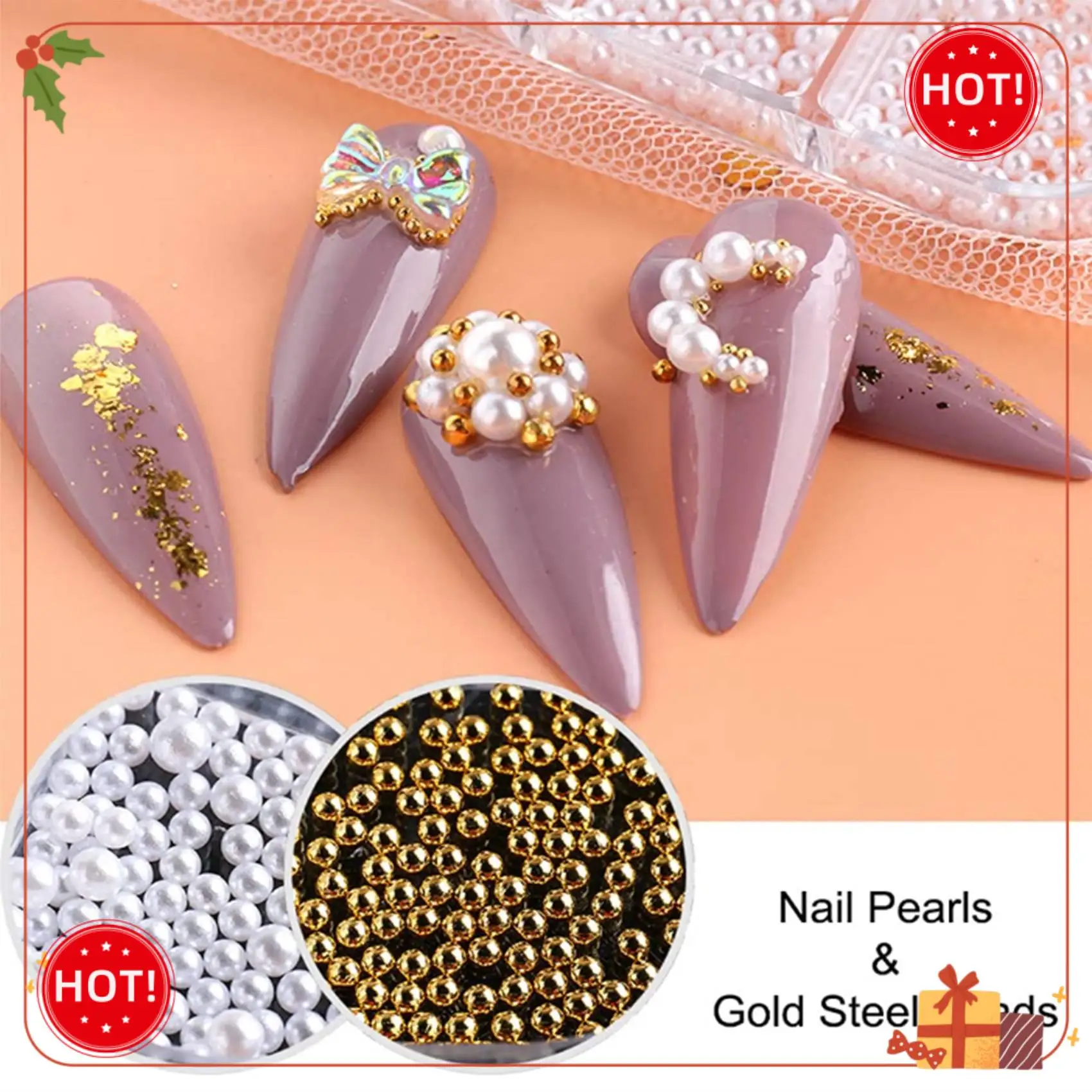 ABLE-1Box decoraciones de perlas, dijes para uñas, piezas redondas blancas para uñas, bolas de cuentas de acero dorado, joyería, accesorios para decoración de uñas