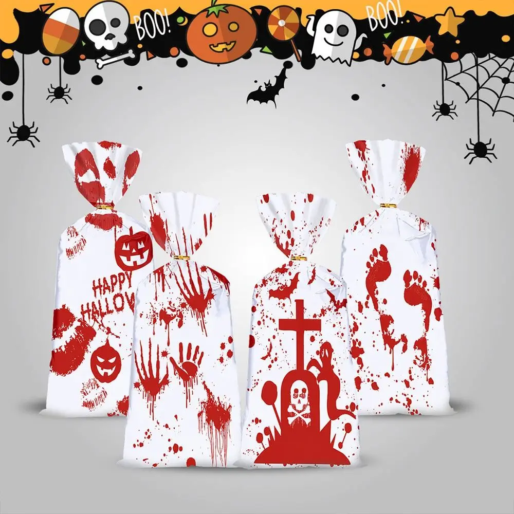 50PCS White&Red Halloween Gift Bag Bloody Fingerprint with Ties Flat Open Top Bag OPP Packaging Candy Cookies Bag Halloween