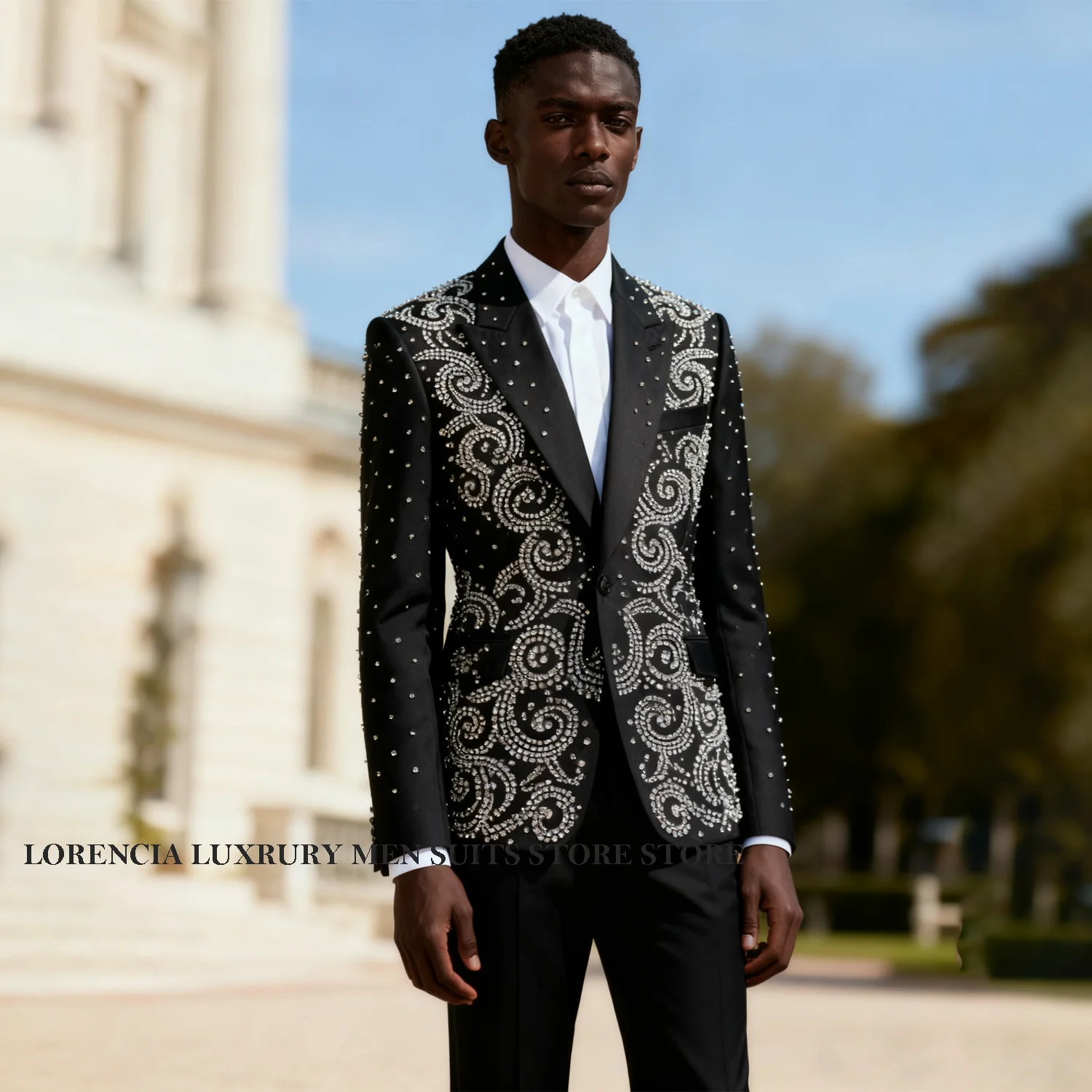 

Customized Luxury Crystals Diamond Men Suit Slim Groom Blazer 2 Piece Sets African Wedding Male Ropa Hombre Formal Groom Tuxedo