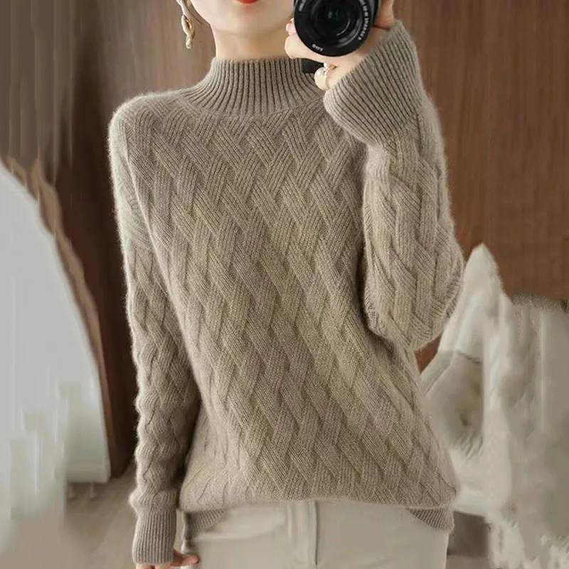 

New Women's Woolen Sweater Winter Half Turtleneck Loose Warm Bottom Coat Female Striped Pullover Cashmere Sweaters Outerwear 4XL