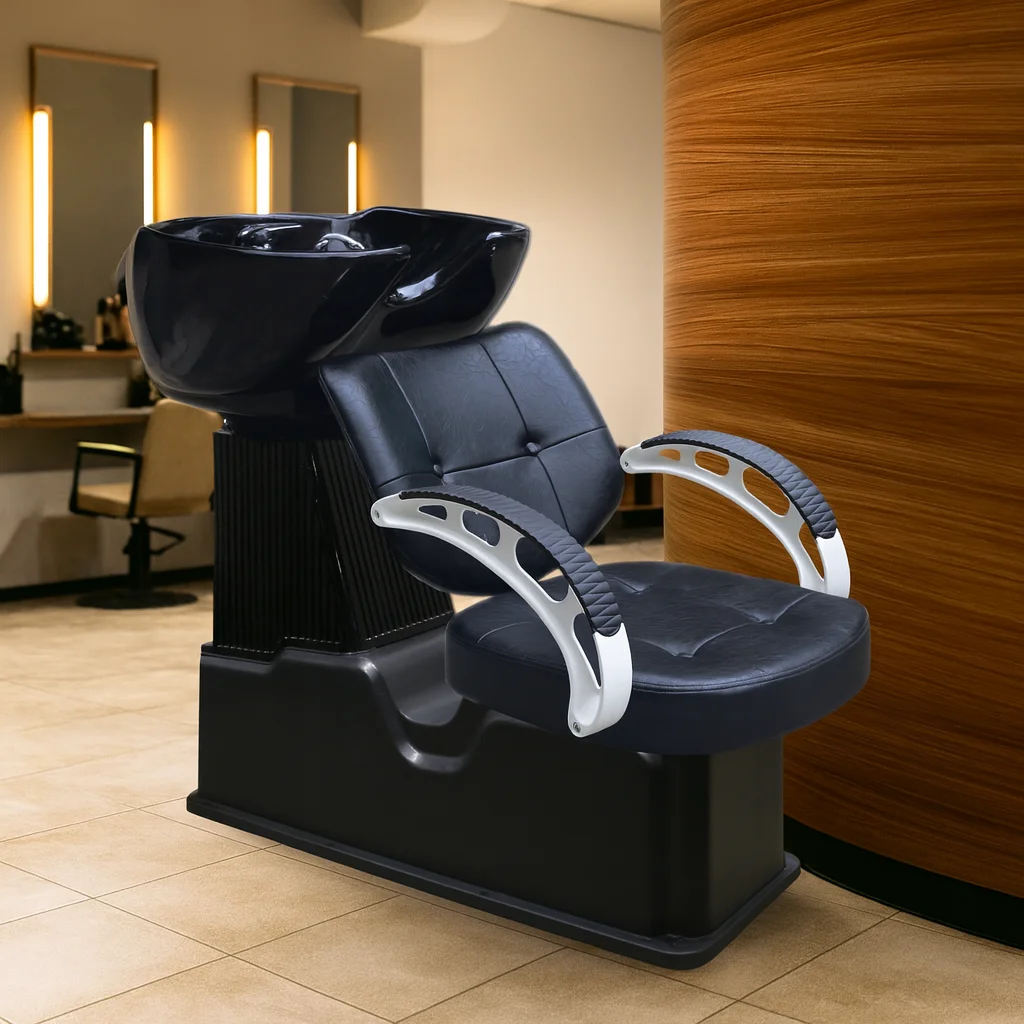 Salon Shampoo Chair With Black Bowl And Silver Armrest Comfortable Backwash Unit For Hairdresser And Beauty Shop