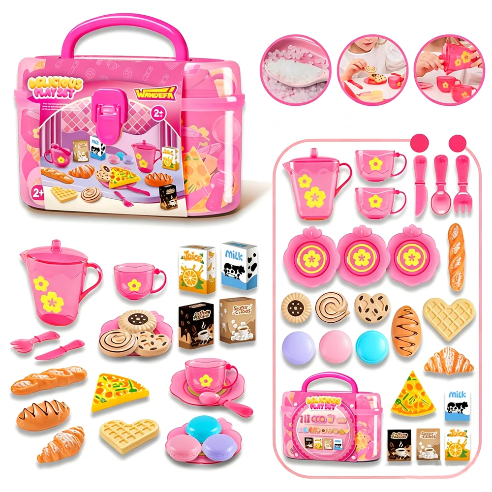 25Pcs Girls Tea Party Play Set, Pretend Kitchen Toy with Tea Cups & Desserts, Portable Storage Box, Gift for Toddlers 2+