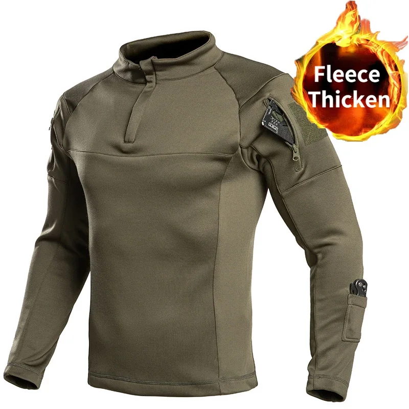 Men's Warm Tactical Long Sleeve Fleece Pullover Half Zip Stand Collar Multi Arm Storage Pockets Outdoor Hiking Training Work Top