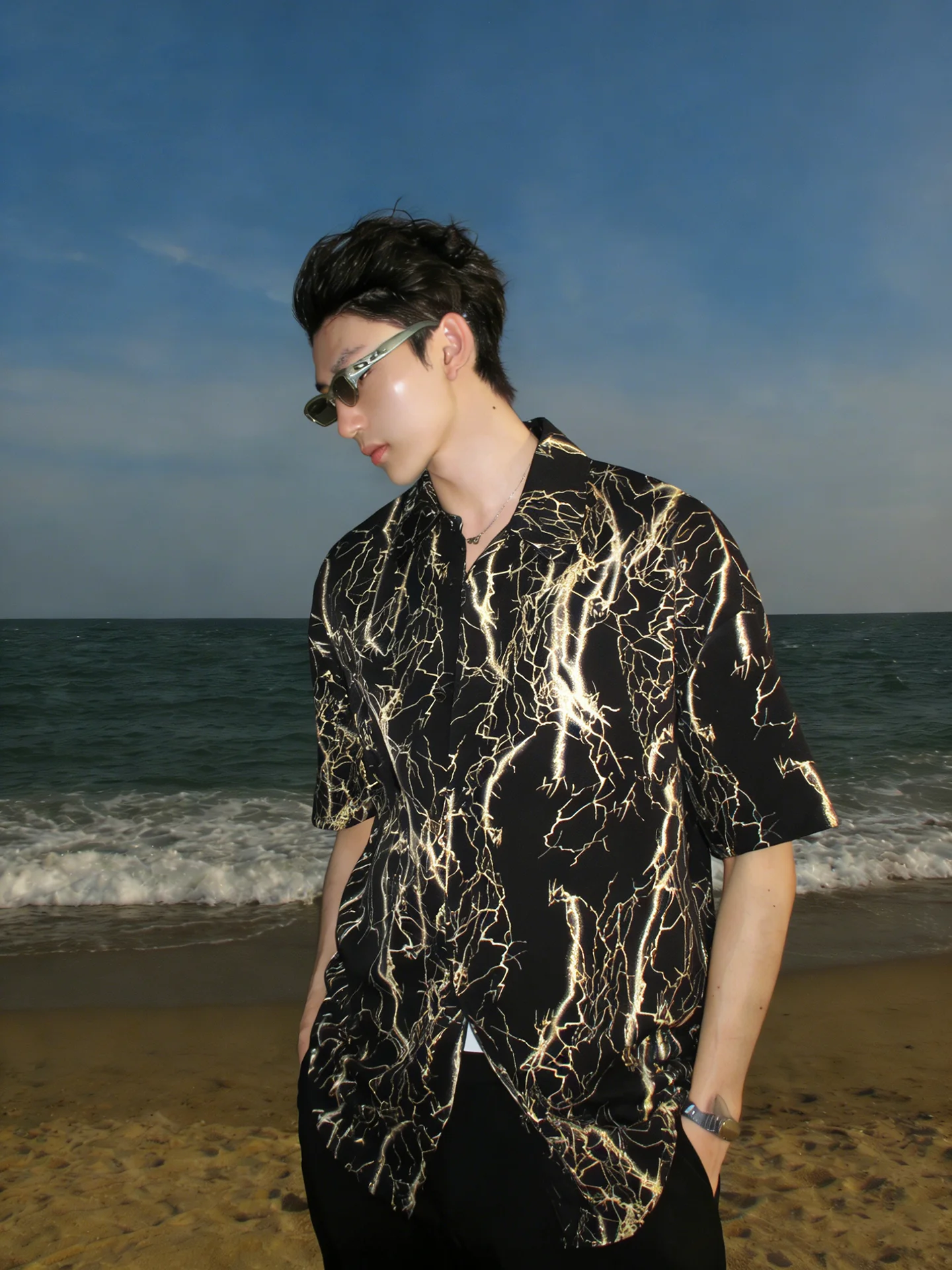 

Naples Bla Lightning Pattern Beach ort Sve Men's Summer High-End Feeling Cool Silk irt American Sle Breathable