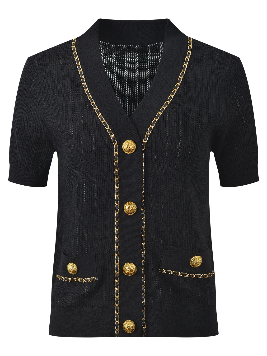 

Ele European Sle ort Sve V-Ne Knitted Cardigan Women's Slim Fit Sweet Chic Gold Bule Chain Open-irt Top