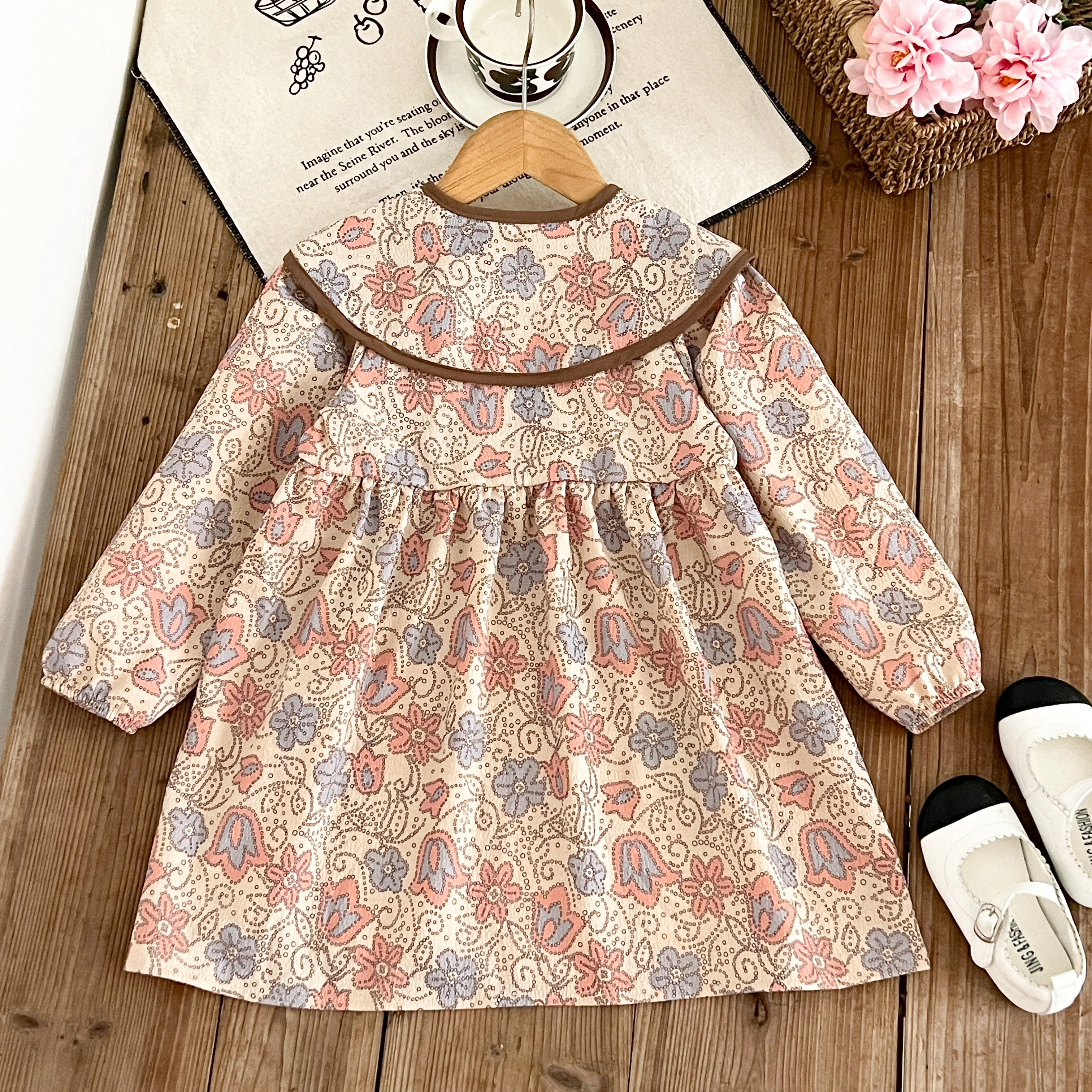 Spring New Girls' Dress Maillard Floral Full Print Large Collar Cute Doll Shirt Skirt Daily Casual  Children's Clothing for 3-7Y