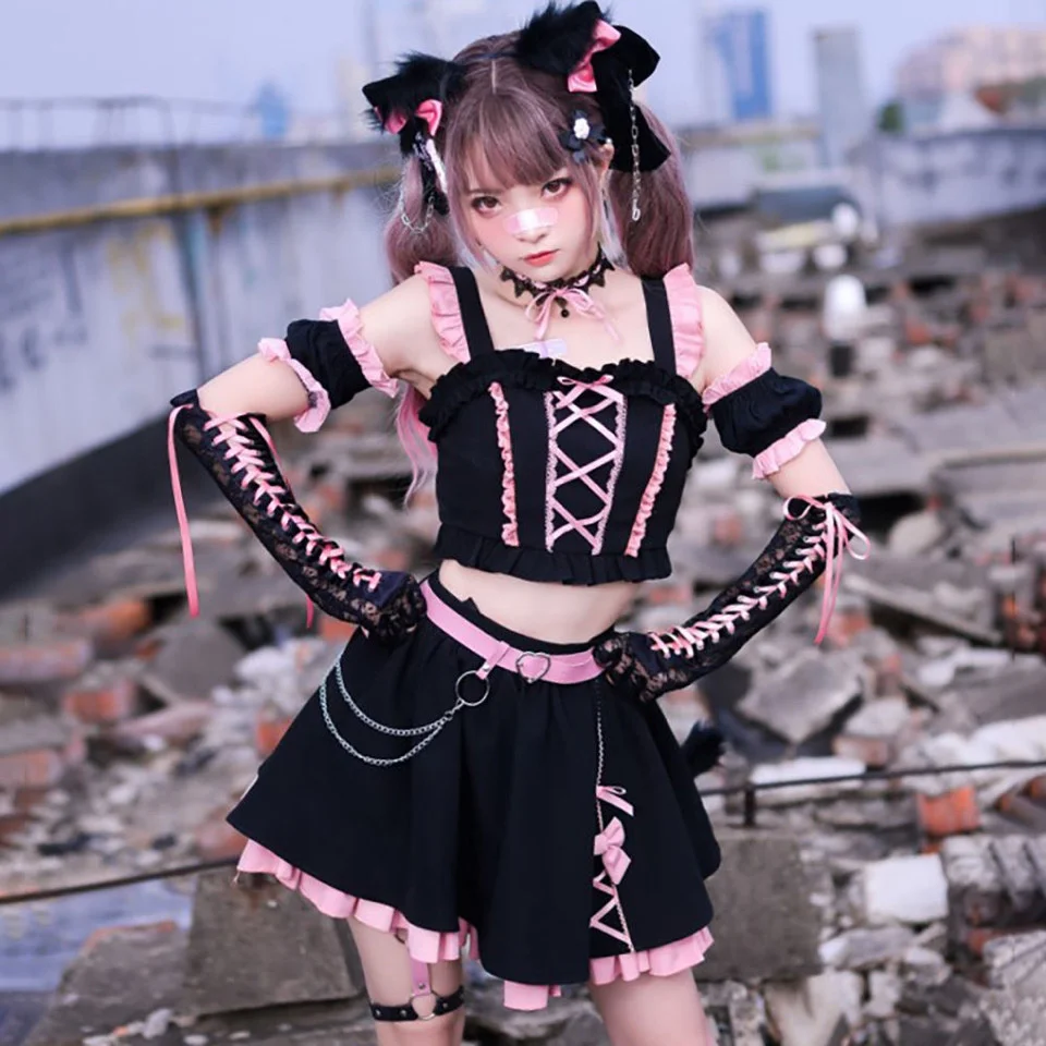 Pittige Kat Hart Jk Uniform Zwart Sweet Dark Daily Harajuku Stijl Roze Zwarte Korte Rok Set Roze Jurken Zachte Lolita Kleding