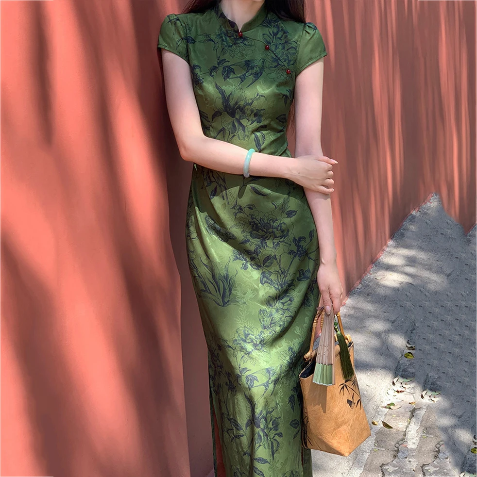 Green Improved Cheongsam Women Sexy Short Sleeve Qipao New Chinese Style Dress Summer New Vestidos Print Chinese Dresses Qipao