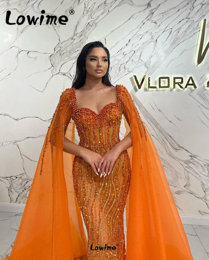 Cape Sleeve Dubai Arabic Pearl Beaded Long Evening Dresses Women Luxury Mermaid Party Gowns Custom 2023 Blue Orange Green Robes