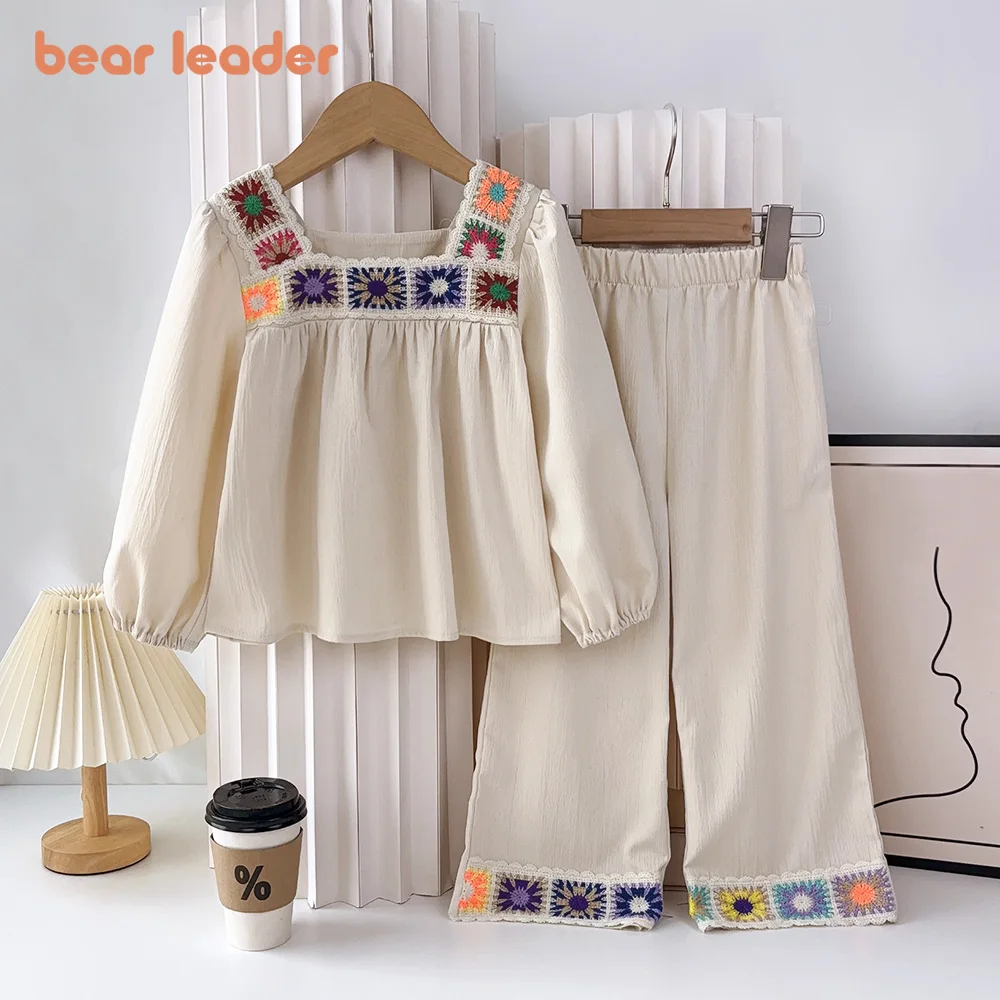 Bear Leader 2024 Autumn New Ethnic Style Girls' Set Beige Bubble Sleeves Sunflower Embroidered Top+Pants Two Piece Retro Set