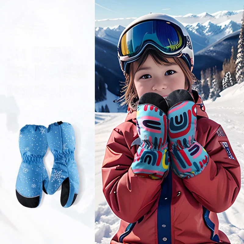 2025 New Baby Girls Winter Windproof Waterproof Print Ski Glove Warm Plush Boys Children Gloves Polyester Casual Outdoor Gloves