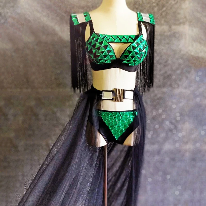 Singers Costumes Green Rhinestone Bikini Grand Long Dress Tail Fringe Stage Show Outfit Celebrity Party Drag Queen Costume