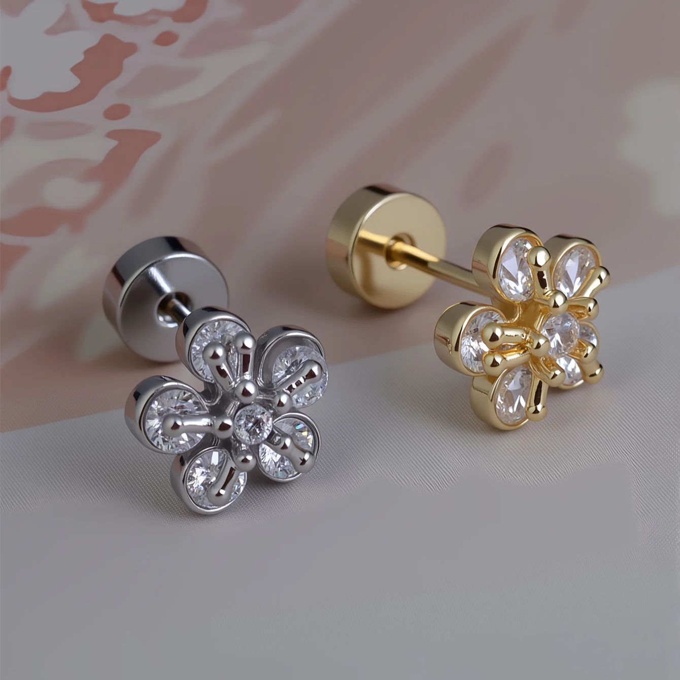 1PC 20G Flat Back Earrings for Women Stainless Steel Copper 14K Gold Plated Cubic Zirconia Flower Stud Cartilage Helix Earrings