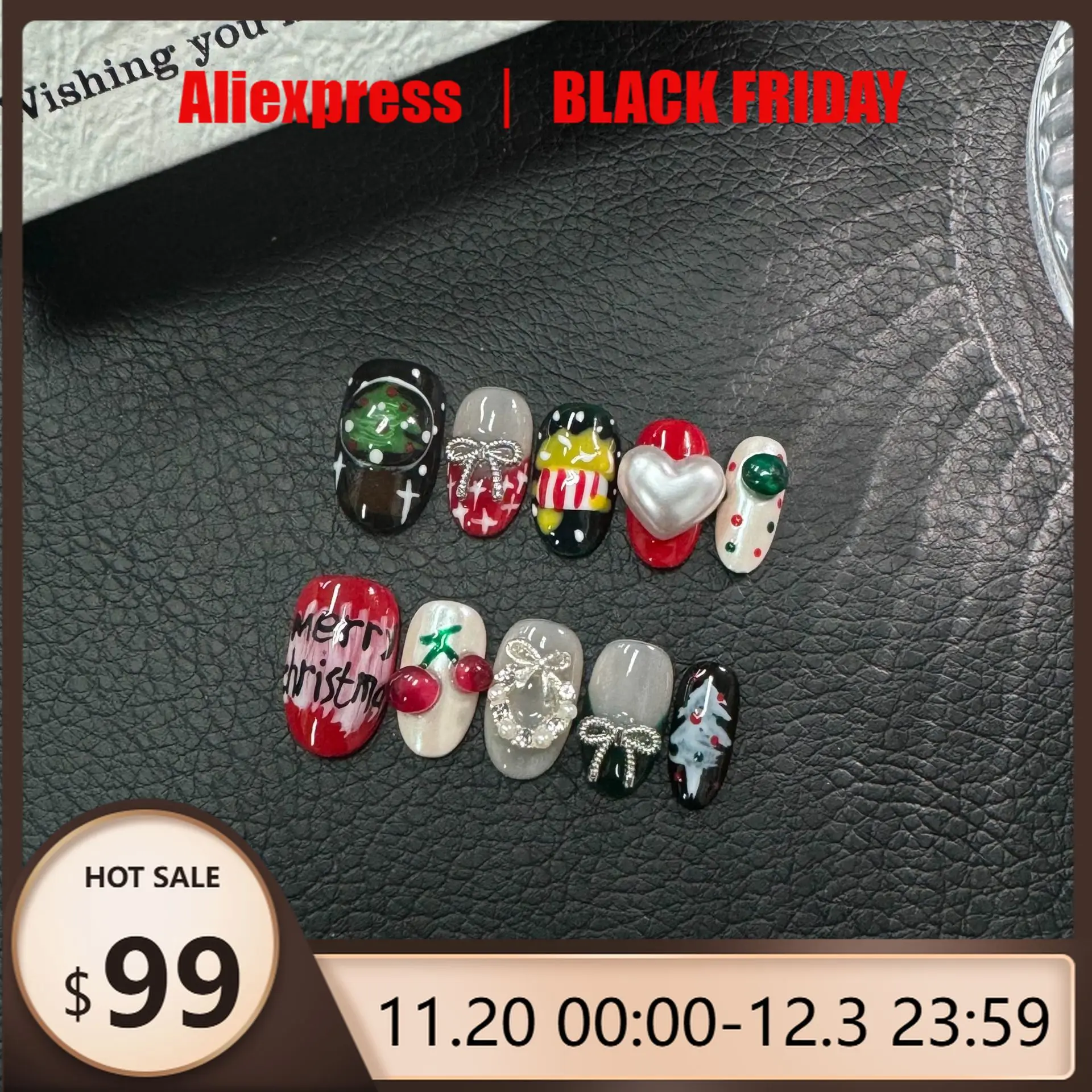 

10pcs Christmas Handmade Nails Almond Cherry Bow Full-Coverage Nail Tip Red Press on Nail for Women&Girl Removable Wearable Nail