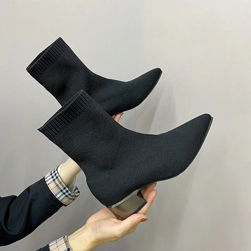 

Women's Dress Shoes Sexy Pointed Mid Heel Short Women's Nude Boots Spring 2023 Knitted Sock Boots Botas De Mujer Black Boots