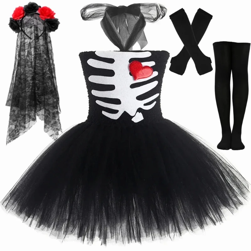 

Skeleton Ghost Corpse Bride Costume for Girls Cosplay Halloween Tutu Dress Baby Kids Day of The Dead Carnival Party Dress Up