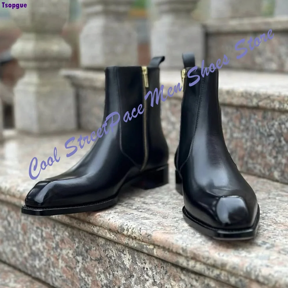 Retro Business Chelsea Ankle Boots for Men Black Smooth Leather Square Toe Elastic Low Heel Daily Dress Boots Zapatillas Mujer