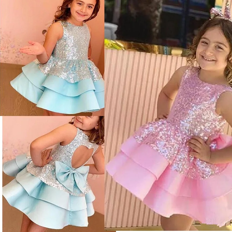 Sequin Top En Ruche Vlek Rok Korte Kids Bloemenmeisje Jurk Voor Bruiloft Prinses Boog Party Verjaardag Meisjes Avondjurken