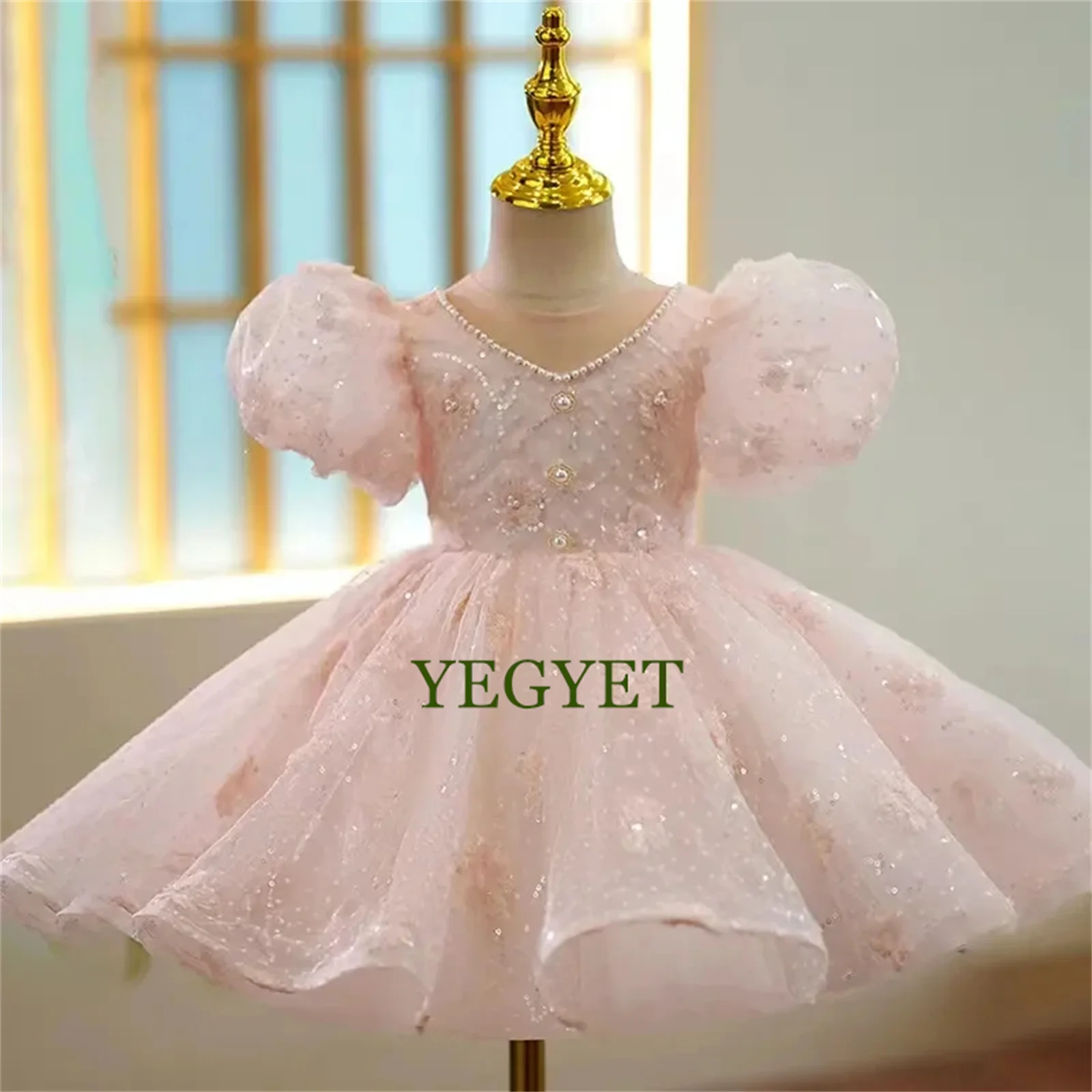 

Lovely Pink Beaded Bow Sheer Neck Girl Princess Ball Gown First Communion Prom Costumes Dress Flower