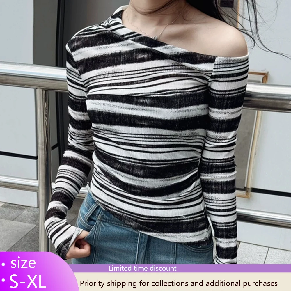 

Новые женские японские базовые модели, тонкая полосатая футболка с длинными рукавами, женская одежда, корейский уличный стиль, топы на одно плечо y2k