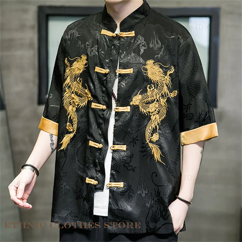 

Мужская куртка размера плюс 3XL-5XL, пальто, традиционный китайский костюм Тан, топы, рубашка, классический жаккардовый кардиган с вышивкой дракона ханьфу