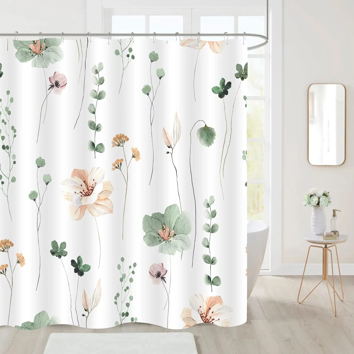 Sage Green & Beige Watercolor Floral Shower Curtain – Modern Minimalist Design, Elegant Bathroom Decor 12PCS Hooks 71X71Inch
