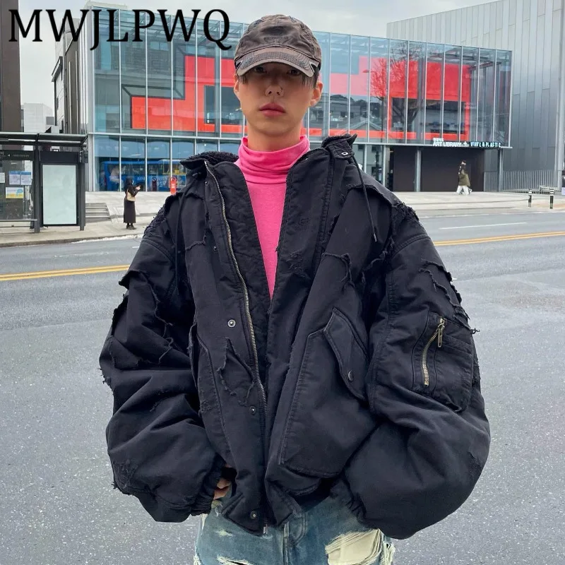 

MWJLPWQ Street Style Heavy-Duty Distressed Zipper Hooded Cotton Jacket Male Hole Vintage Washed Long Sleeve Casual Tops 21778