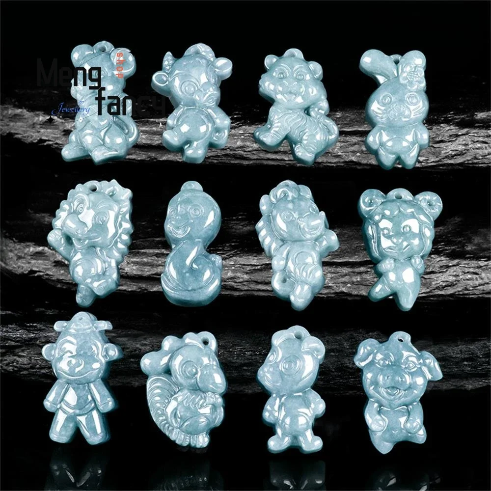 

Natural A-goods Jadeite Cute Cartoon Zodiac Blue Water Jade Pendant Exquisite High-grade Mascots Fashion Jewelry Holiday Gifts