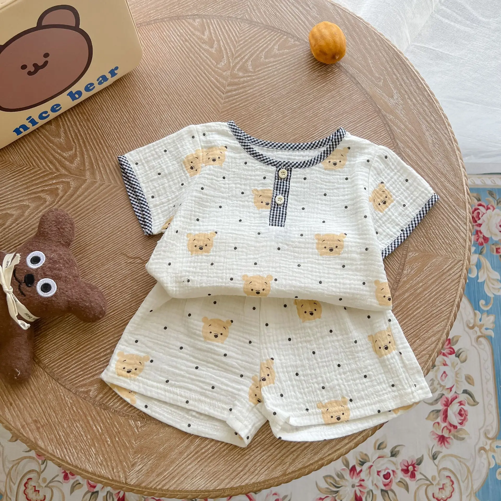 Kid Summer New Casual Set Cute Bear T-shirt Baby Girl Cherry Short Sleeves Tops And Simple Plaid Loose Cotton Shorts Boy Suit