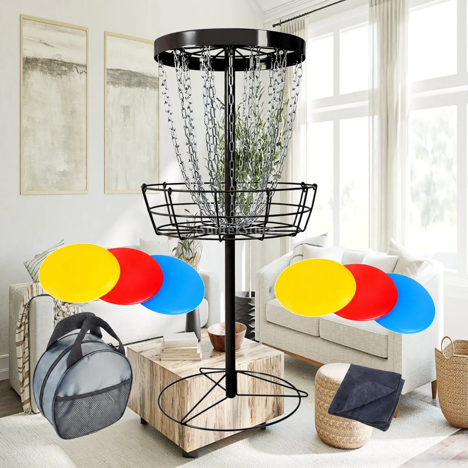 Iron Disc Golf Basket Game Set Portable Target with Chains and Stakes for Backyard School Park Recreation