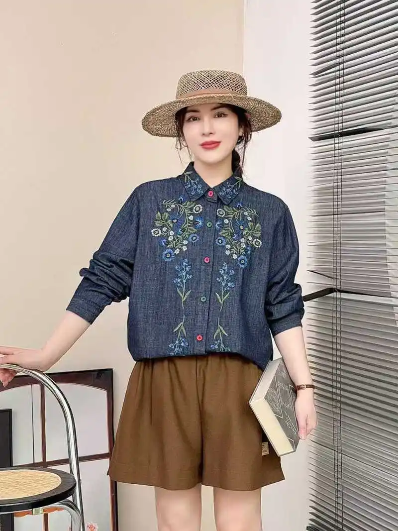 

New 2025 Winter Long Sleeve Denim Shirt, Women Turn-down Collar Embroidery, Mori Girl Retro Japan Style Loose Blouse T5N720CC