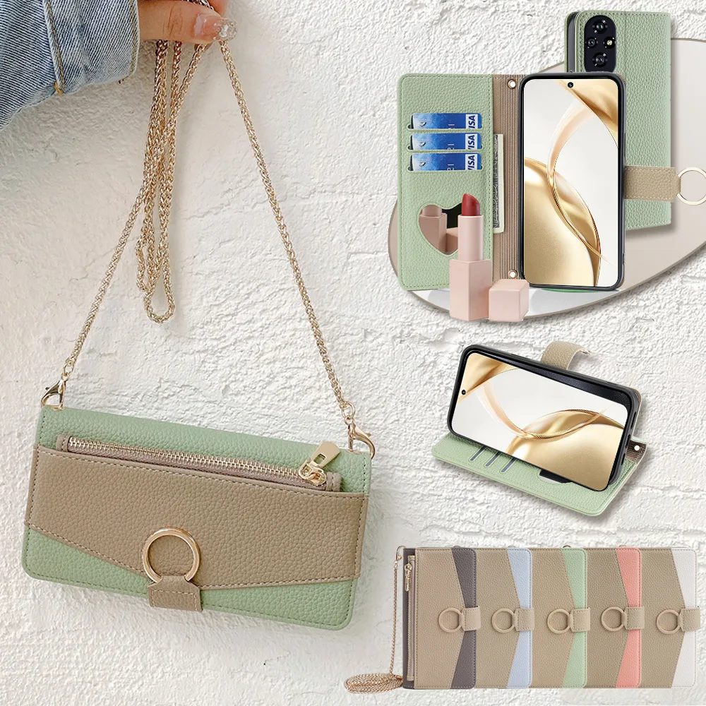 

Mirror Zipper Wallet Case for Huawei Pura 80 Ultra 70 Pro Plus P60 P50E P50 P40 P30 Metal Crossbody Strap Leather 3 Card Cover