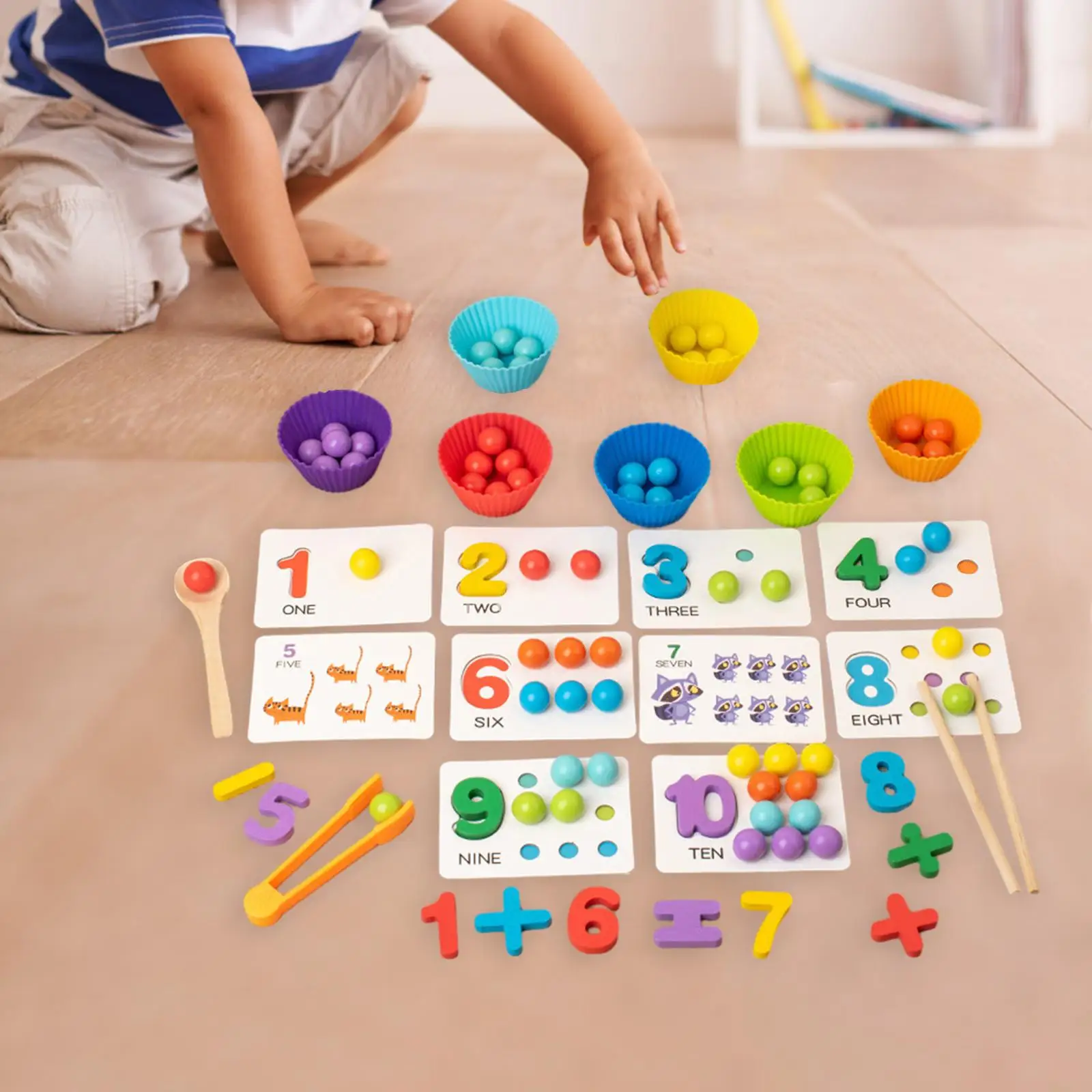 Clip Bead Game Fine Motor Skill Number Cognition Animal Learning Montessori Wooden Rainbow Balls in Cups for Primary Preschool