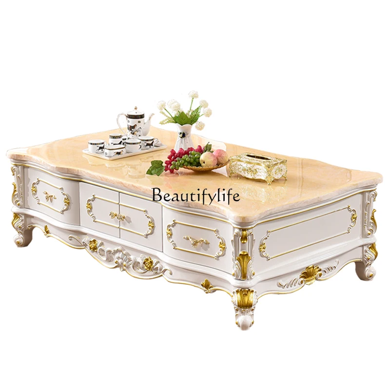 

European marble coffee table full solid wood carving flower tracing gold and silver tea table