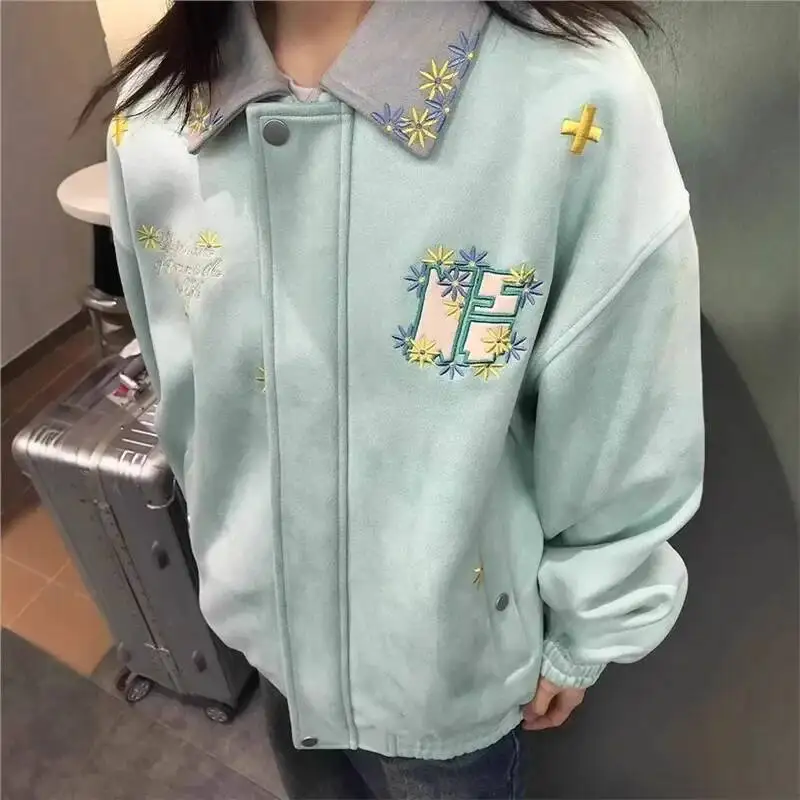 

Retro American Embroidered Daisy Collar Open Cardigan Jacket Women's Spring 2025 New High Street Baseball Uniform Loose Fit