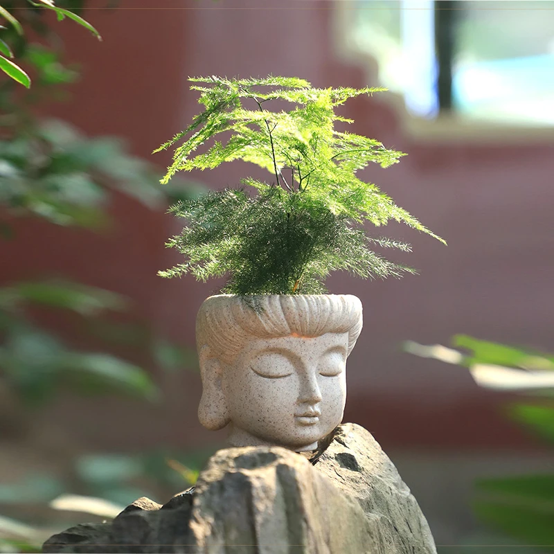 Buddhas Head Garden Planter Weather Resistant Resins Creative Simple Imitation Stone Flowerpot Ornaments Garden Landscape Decor