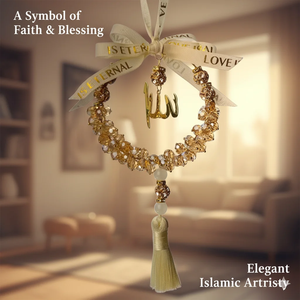 

Crystal Islamic Car Hanging Allahed Pendant Gold Rhinestone Tassel Bow Muslim Rearview Mirror Decor Eid Mubarak Religious Gift