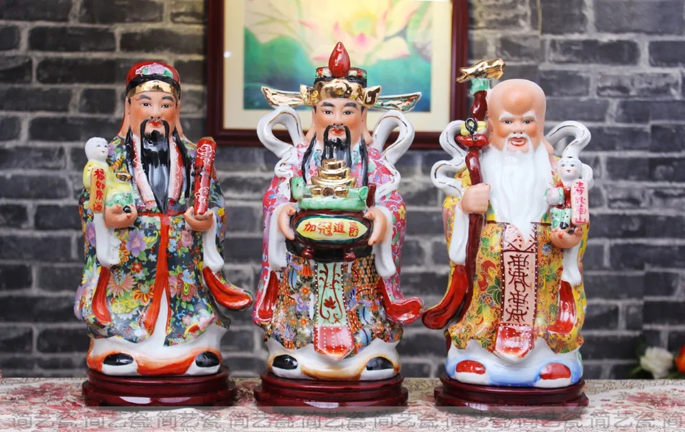 TOP GOOD- HOME SHOP lobby Propitious Good Luck thriving business FU LU SHOU God FENG SHUI Buddha  color Ceramic statue