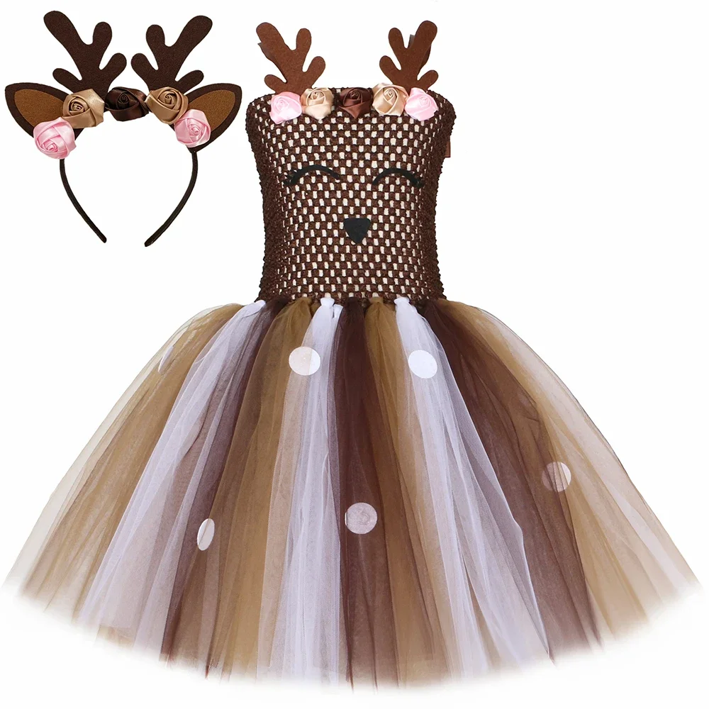 Baby Girls Christmas Deer Tutu Dress Costume Flowers Antler Cartoon Elk Reindeer Princess Dresses Kids Halloween Party Clothes