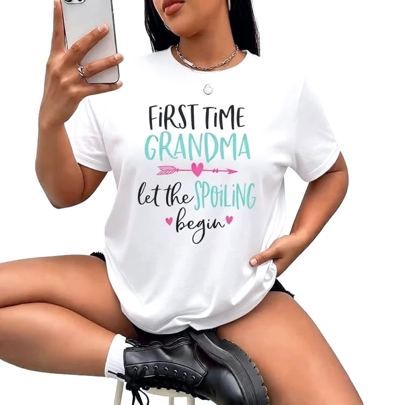 Let The Spoiling Begin 1st Time Grandma Print Women's T-Shirt Funny Graphic Short Sleeve Tee Novelty Shirt Casual Crew Neck Tops
