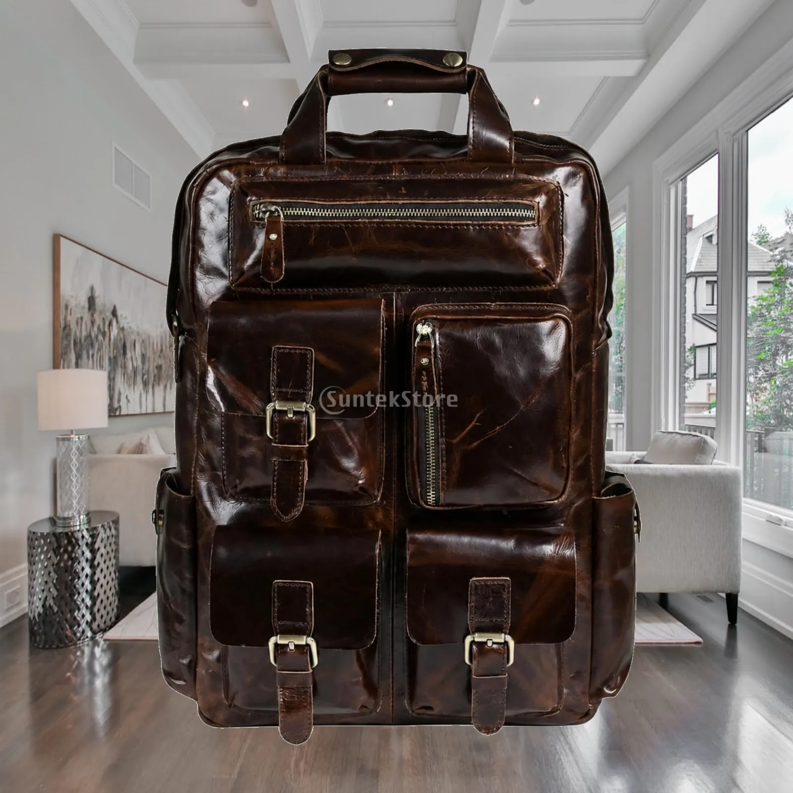 Retro Men Leather Rucksack Vintage Travel Backpack with Adjustable Straps for Office and School