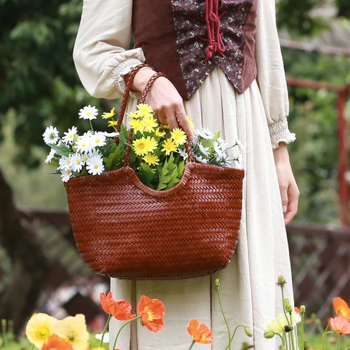 Imagen 2 del producto Bolso de hombro de cuero genuino para mujer, bolso de compras informal tejido, bolso grande Vintage, bolso de mano cruzado de piel de vaca