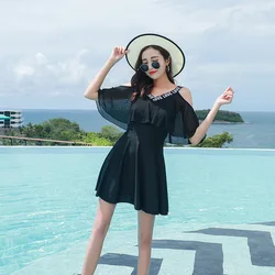 Letter On V Neckline Black Two Piece Swimsuit Skirt Plus Size Swimwear Women Two Wearing Ways Quick Drying Swimming Suit Beach