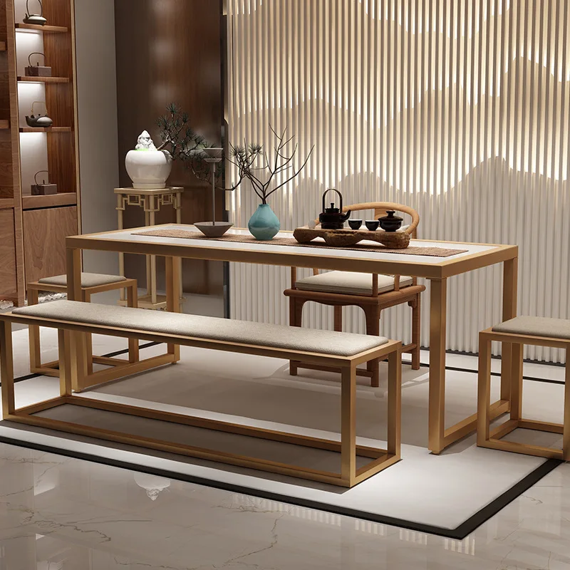 HYS Kung Fu tea table and chair combination set Modern new Chinese home tea table Office wrought iron solid wood tea drinking