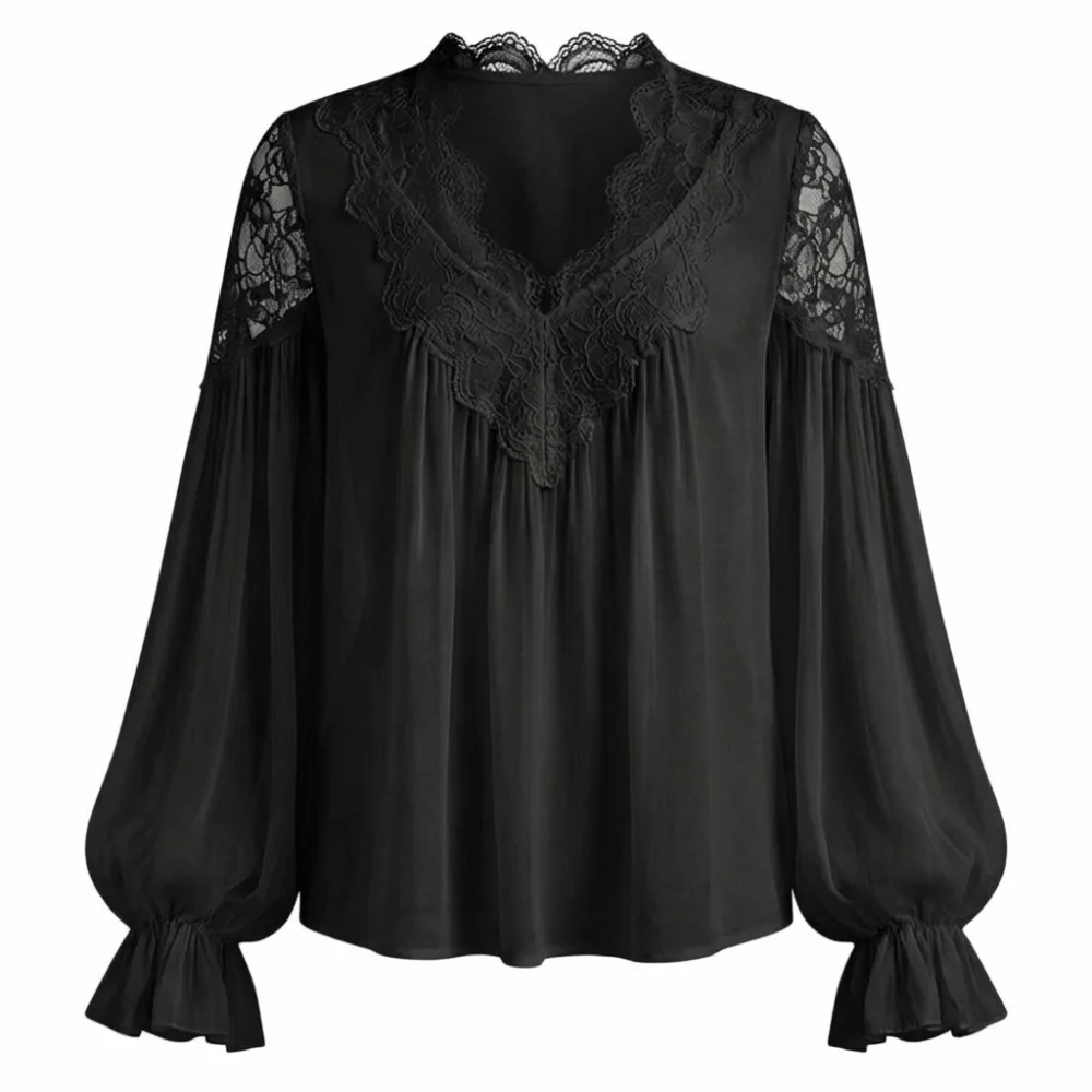 

Casual Shirt Lace Splicing Tops Breathable Comfortable V Neck Sheath Tees French Style Solid Color Lantern Sleeves Blouse Lady